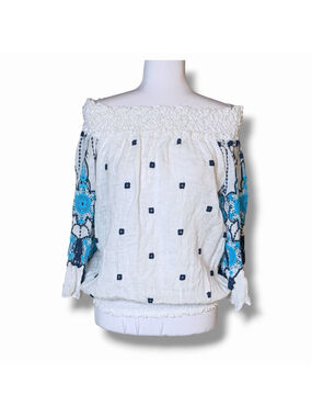 Temptation Positano Vercelli Linen Off Shoulder Floral Top L Crochet Bell Sleeve